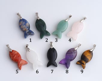 Fish Energy Stone Pendant,Silver Filled Fish Natural Stone Charms for DIY Jewelry Making Supply