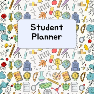 Pode incluir: Um planejador estudantil com um fundo azul claro e uma caixa de texto retangular branca que diz "Student Planner" em letras pretas em negrito. O fundo apresenta várias ilustrações relacionadas à escola, incluindo globos, mochilas e notas musicais.
