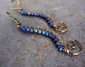 Bluish Purple Iridescent Seed Bead Wire Wrapped Earrings