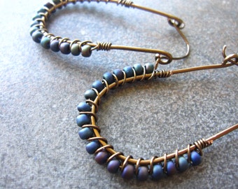 Wire Wrapped Hoop Oval Earrings with Teal Blue, green and purple Glass Beads