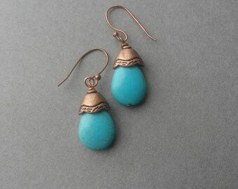 Copper  Blue Turquoise Teardrop Earrings Drop Earrings by LucidArts for Etsy Boho Beachy December Birthstone Autumn Jewelry