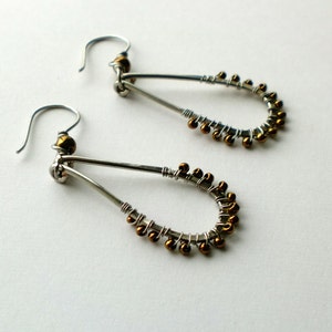 Wire wrapped Antiqued silver hammered teardrop hoops with bronze seed beads and wire wrapped french hooks image 3