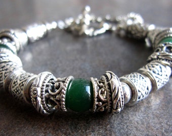 Handcrafted etched silver and pewter beaded bracelet with jade green semiprecious agate stones and toggle clasp