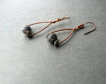 Mixed Metal Jewelry, Handmade Copper and Silver Earrings, Mixed Metal Earrings,  Geometric Earrings, Drop Dangle Earrings,etched bali accent