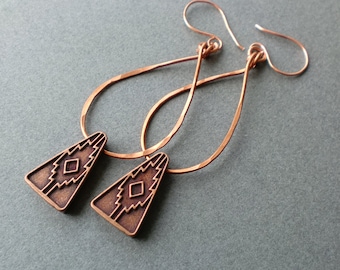 Copper teardrop earring hammered with copper Aztec pyramid charm