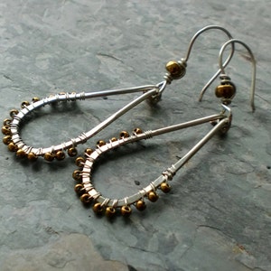 Wire wrapped Antiqued silver hammered teardrop hoops with bronze seed beads and wire wrapped french hooks image 2