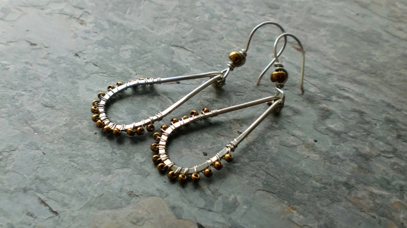 Wire wrapped Antiqued silver hammered teardrop hoops with bronze seed beads and wire wrapped french hooks image 2