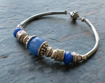 Blue crackle agate silver pewter beaded metal tube bracelet
