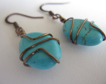 Turquoise and antiqued bronze Wire Wrapped drop Earrings