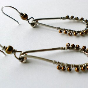 Wire wrapped Antiqued silver hammered teardrop hoops with bronze seed beads and wire wrapped french hooks image 1