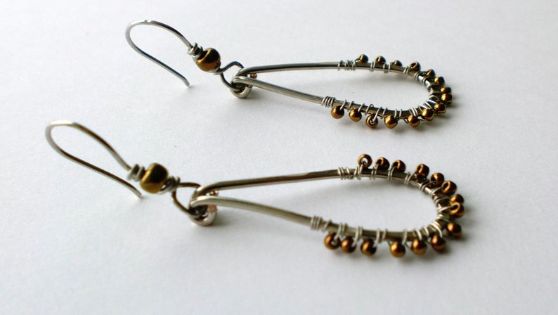 Wire wrapped Antiqued silver hammered teardrop hoops with bronze seed beads and wire wrapped french hooks image 1