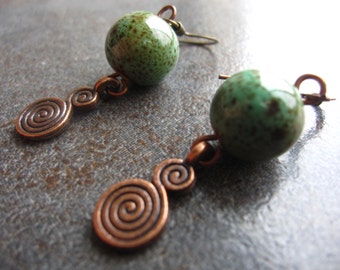 Handcrafted Green Ceramic Beaded Earrings with Copper Spiral Accents