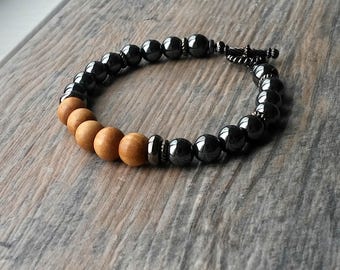 Sandalwood, meditation, yoga bracelet, mala beads, sandalwood bracelet, gemstone,strength, hematite healing, wrist mala