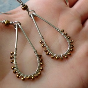 Wire wrapped Antiqued silver hammered teardrop hoops with bronze seed beads and wire wrapped french hooks image 4