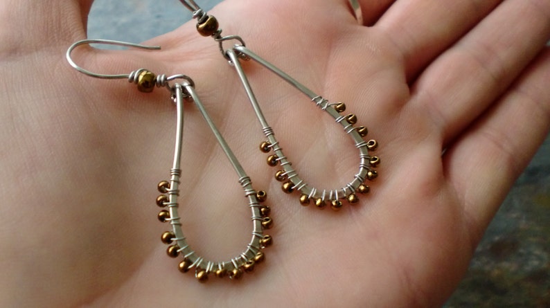 Wire wrapped Antiqued silver hammered teardrop hoops with bronze seed beads and wire wrapped french hooks image 4