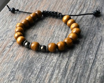 Tibetan Sandalwood Bead Adjustable Wrist Mala Bracelet, chrome, hematite bracelet, leather, unisex bracelet