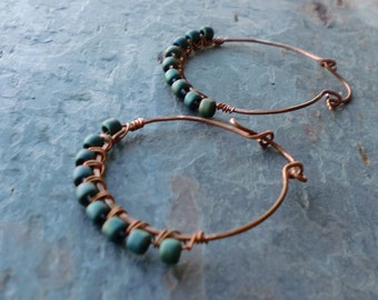 Handcrafted Wire wrapped blue beaded copper hoop earrings
