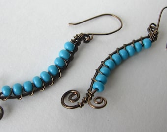 Antique Copper Wirewrapped and Turquoise Spiral Dangles