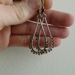 Wire wrapped Antiqued silver hammered teardrop hoops with bronze seed beads and wire wrapped french hooks image 5