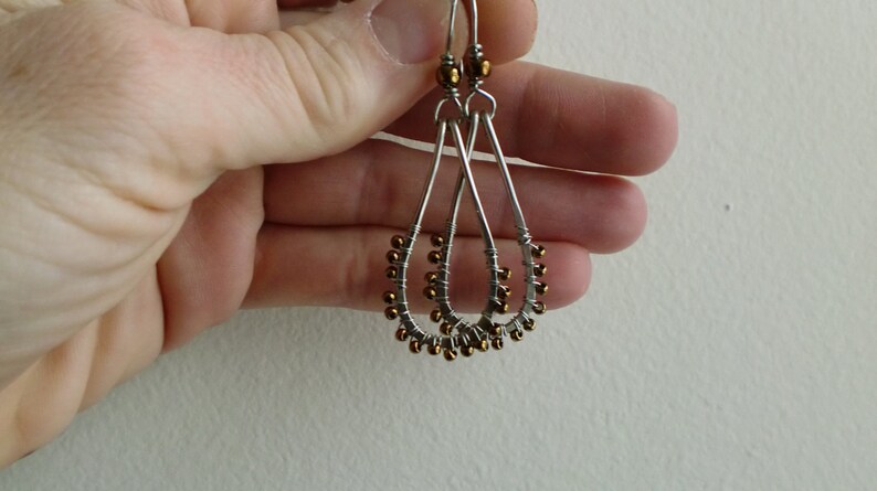 Wire wrapped Antiqued silver hammered teardrop hoops with bronze seed beads and wire wrapped french hooks image 5