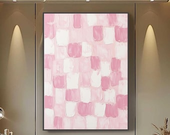 Original Pink Square Oil Painting On Canvas,Abstract Playful Geometric Textured Wall Decor, Large Feminine Home Decor,Living Room Home Decor