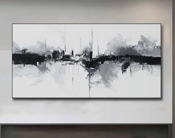 Original Black And White Abstract Cityscape Oil Painting, Minimalist Urban Skyline Wall Art,Modern Monochrome Canvas, Living Room Home Decor