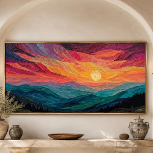 Colorful Sunset Mountain Oil Painting, 3D Textured Landscape Canvas Wall Art, Vibrant Nature Living Room Home Decor