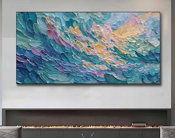 Texturerad havsvågsmålning, stor väggkonst, blågrön abstrakt havslandskapskonst, impasto palettknivkonst, modern kustnära vardagsrumsinredning