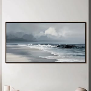 Large Moody Seascape Painting, Black And White Ocean Wave Art, Realistic Coastal Beach Scene, Minimalist Horizontal Wall Art Above Couch