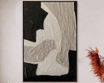 Black And White Abstract Oil Painting, Textured 3D Wall Art, Minimalist Geometric Decor, Modern Impasto Artwork For Contemporary Home