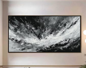 Black And White Abstract Cityscape Painting, Large Textured Wall Art, Modern Minimalist Decor,Grey Impasto Artwork, Urban Skyline Canvas Art