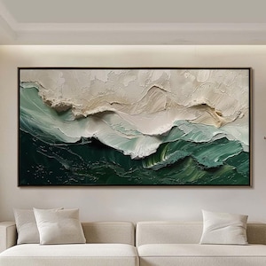 Groot getextureerde oceaangolf schilderij, 3D Impasto Beach schilderij op canvas, minimalistische groen en beige muurkunst, kustmuurkunst voor woonkamer