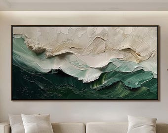 Large Textured Ocean Wave Painting, 3D Impasto Beach Painting on Canvas, Minimalist Green & Beige Wall Art, Coastal Wall Art for Living Room