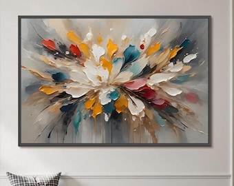 Grande dipinto astratto floreale ad olio, colorata opera d'arte botanica su tela, decorazione murale floreale con pesante impasto, arredamento moderno per soggiorno.