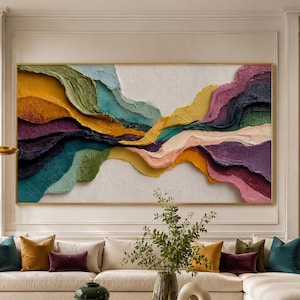 Grote kleurrijke vloeiende abstracte schilderkunst, zware impasto boho kunst aan de muur, getextureerde organische golf canvas, muurdecoratie woonkamer