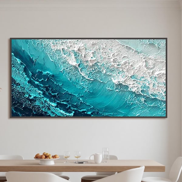 Textured Ocean Wave Oil Painting, Teal And Blue Seascape Wall Art, Large Panoramic Coastal Canvas, Heavy Impasto Beach Decor For Living Room