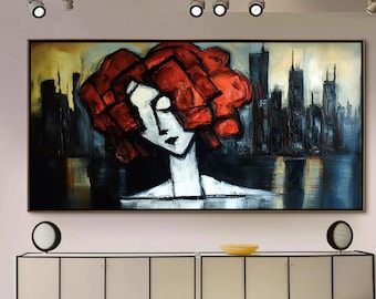 Large Abstract Woman Oil Painting On Canvas, Original Red Hair Portrait Art, Moody Cityscape Wall Artwork, Modern Living Room Home Decor