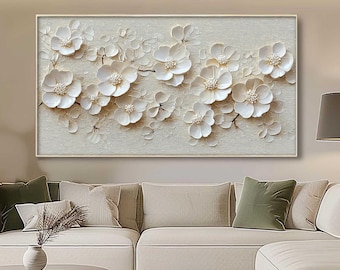3D Floral Wall Art, Abstract White Flower Painting, Modern Minimalist Decor