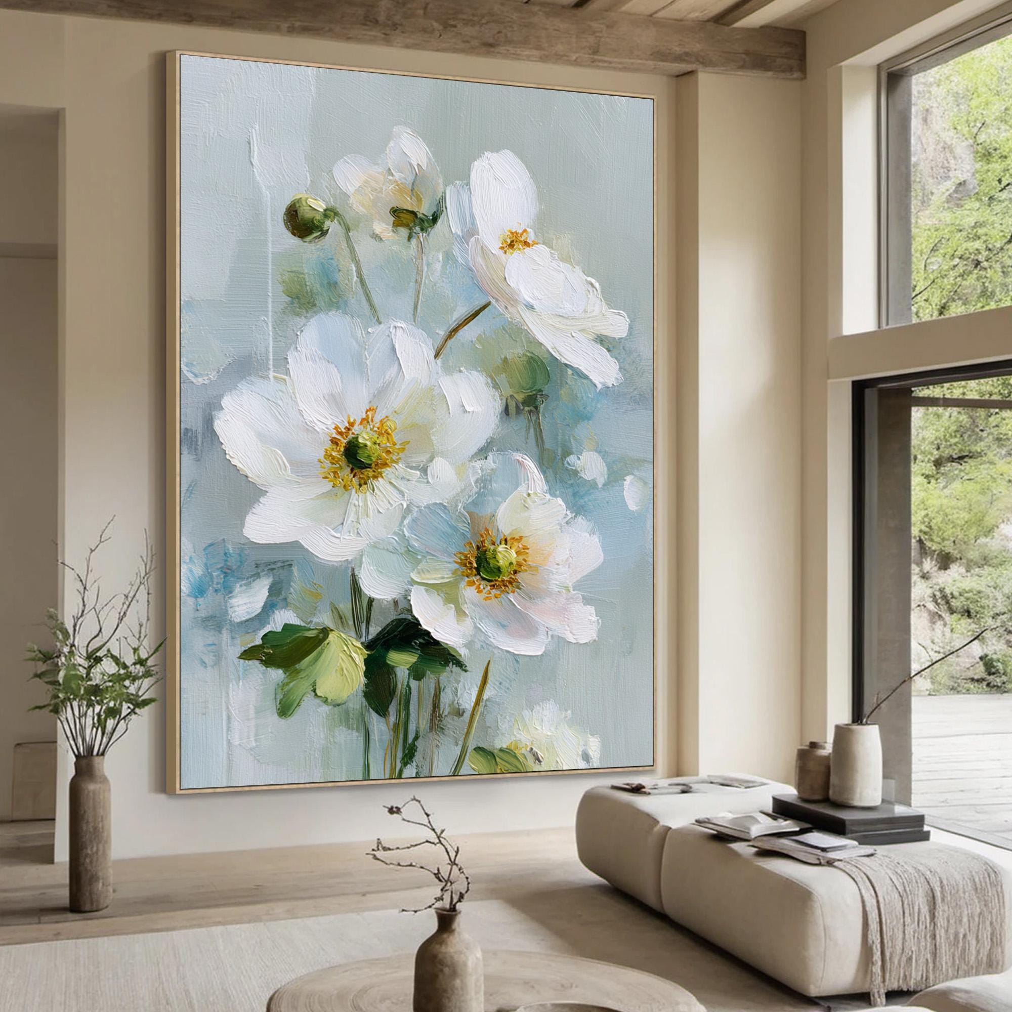 Original White Flower Oil Painting, Abstract Impasto Floral Wall Art ...