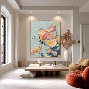 Abstract 3D Colorful Butterfly Oil Painting On Canvas, Large Textured Impasto Wall Art, Original Floral Artwork, Living Room Home Decor