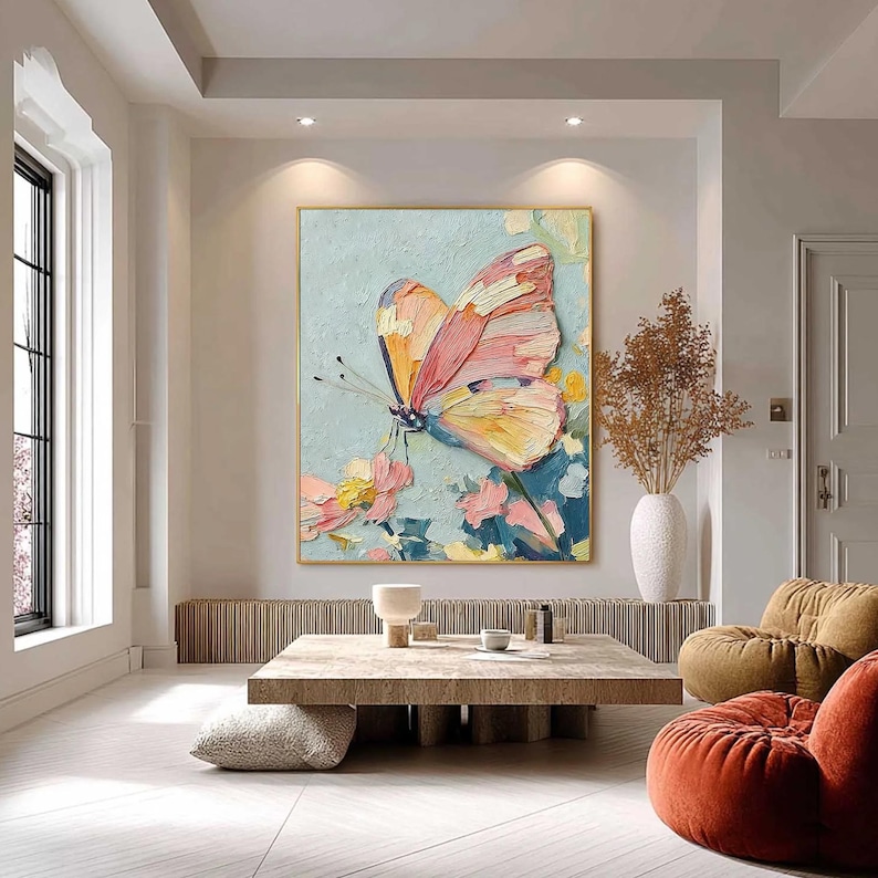 Abstract 3D Colorful Butterfly Oil Painting On Canvas, Large Textured Impasto Wall Art, Original Floral Artwork, Living Room Home Decor
