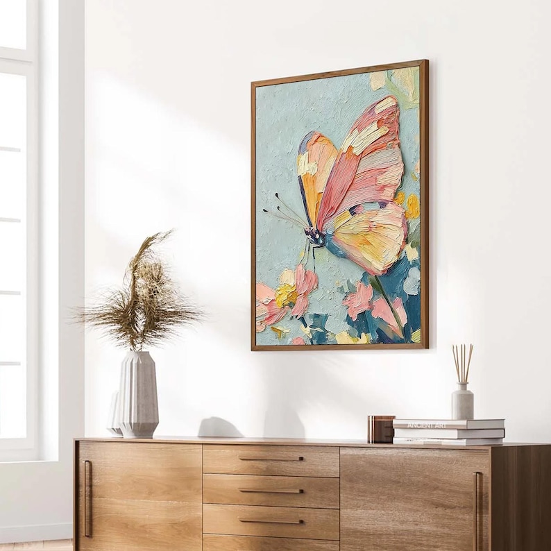 Abstract 3D Colorful Butterfly Oil Painting On Canvas, Large Textured Impasto Wall Art, Original Floral Artwork, Living Room Home Decor