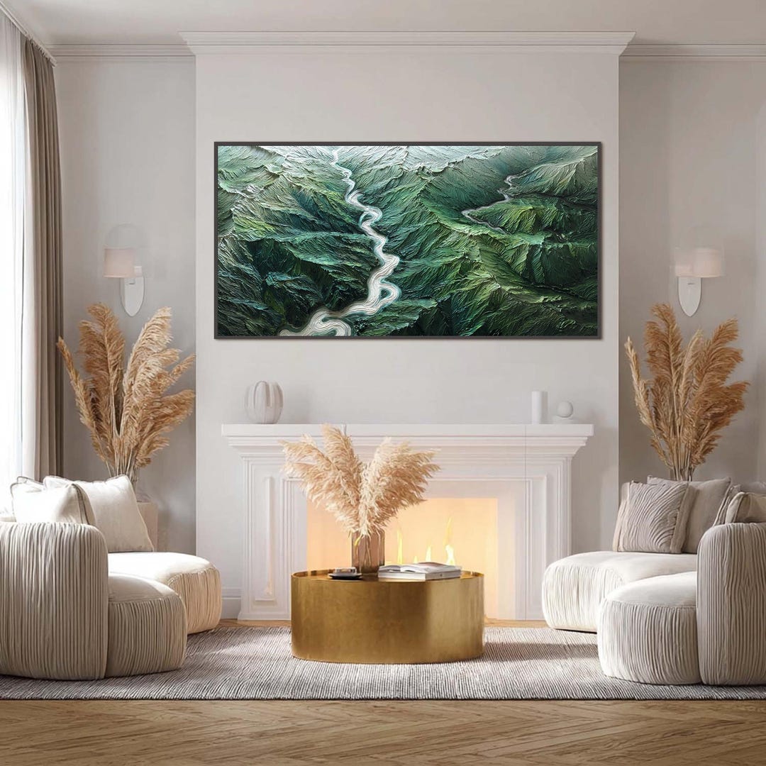 Textured Green Landscape Painting, Abstract Mountain River Wall Art ...
