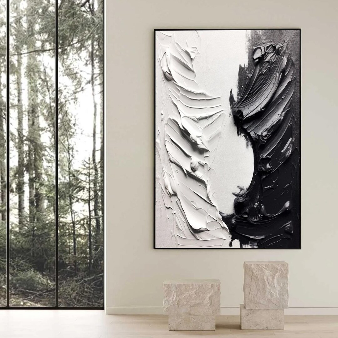 Textured Abstract Painting: Black and White Minimalist 3D Wall Art - Etsy