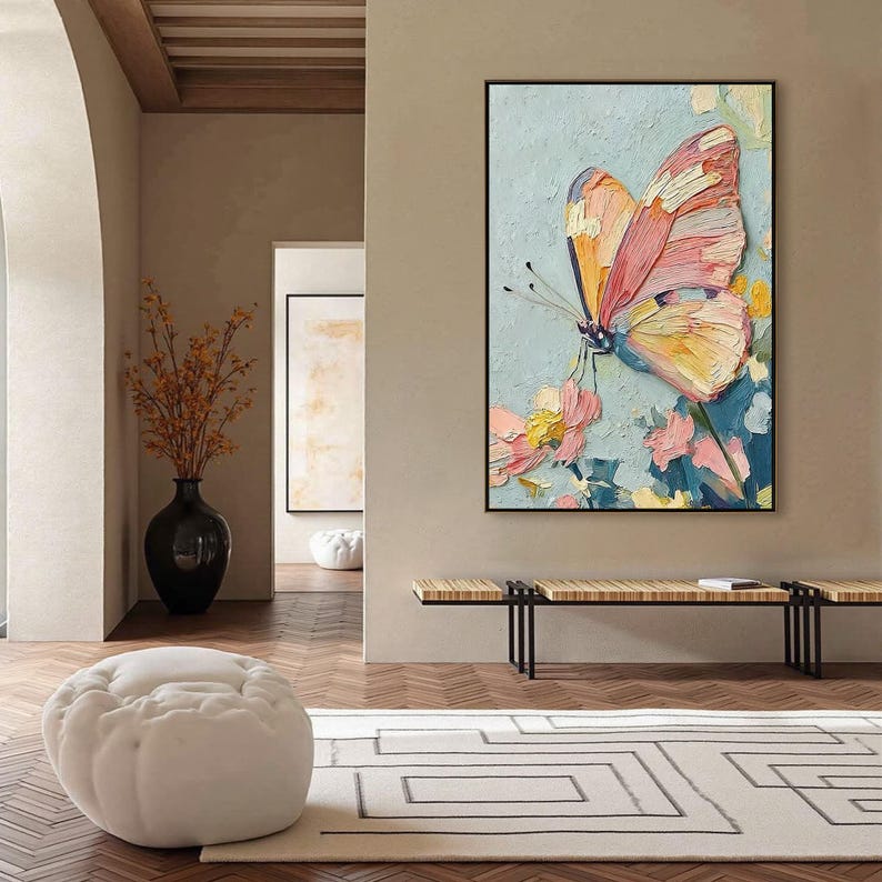 Abstract 3D Colorful Butterfly Oil Painting On Canvas, Large Textured Impasto Wall Art, Original Floral Artwork, Living Room Home Decor
