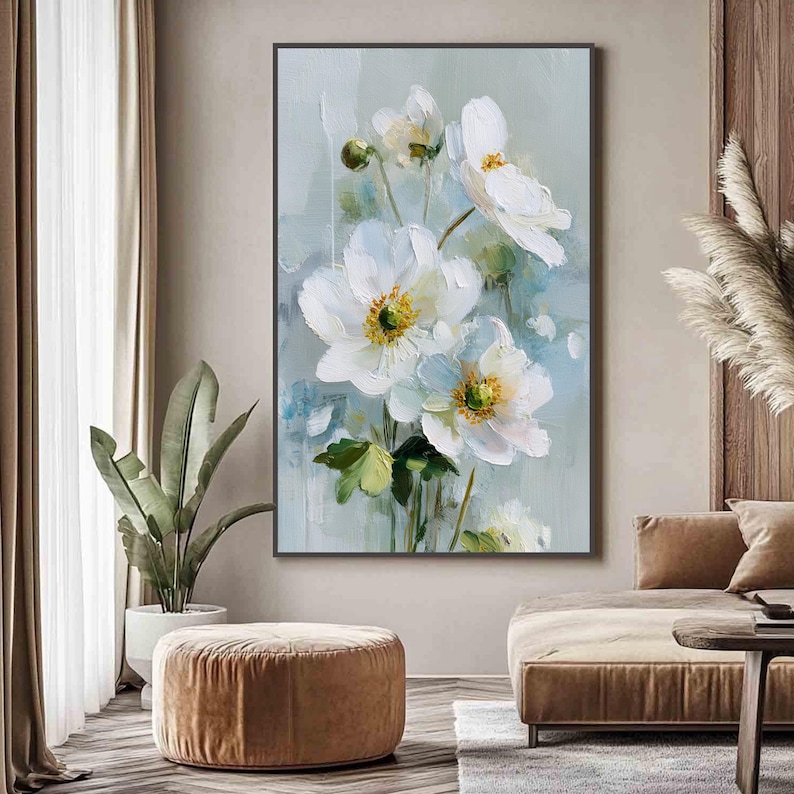 Original White Flower Oil Painting, Abstract Impasto Floral Wall Art ...
