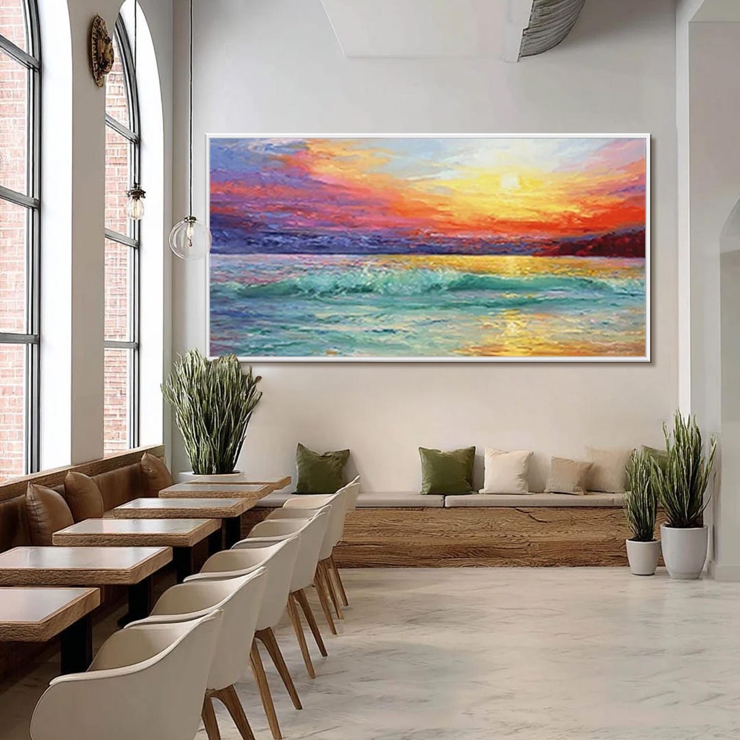 Large Sunset Oil Painting on Canvas, Colorful Seascape Wall Art, Ocean ...