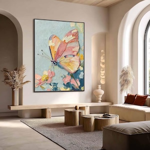Abstract 3D Colorful Butterfly Oil Painting On Canvas, Large Textured Impasto Wall Art, Original Floral Artwork, Living Room Home Decor
