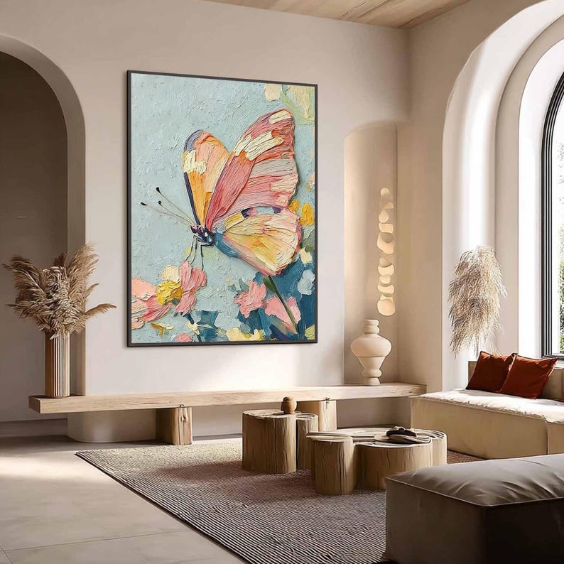 Abstract 3D Colorful Butterfly Oil Painting On Canvas, Large Textured Impasto Wall Art, Original Floral Artwork, Living Room Home Decor