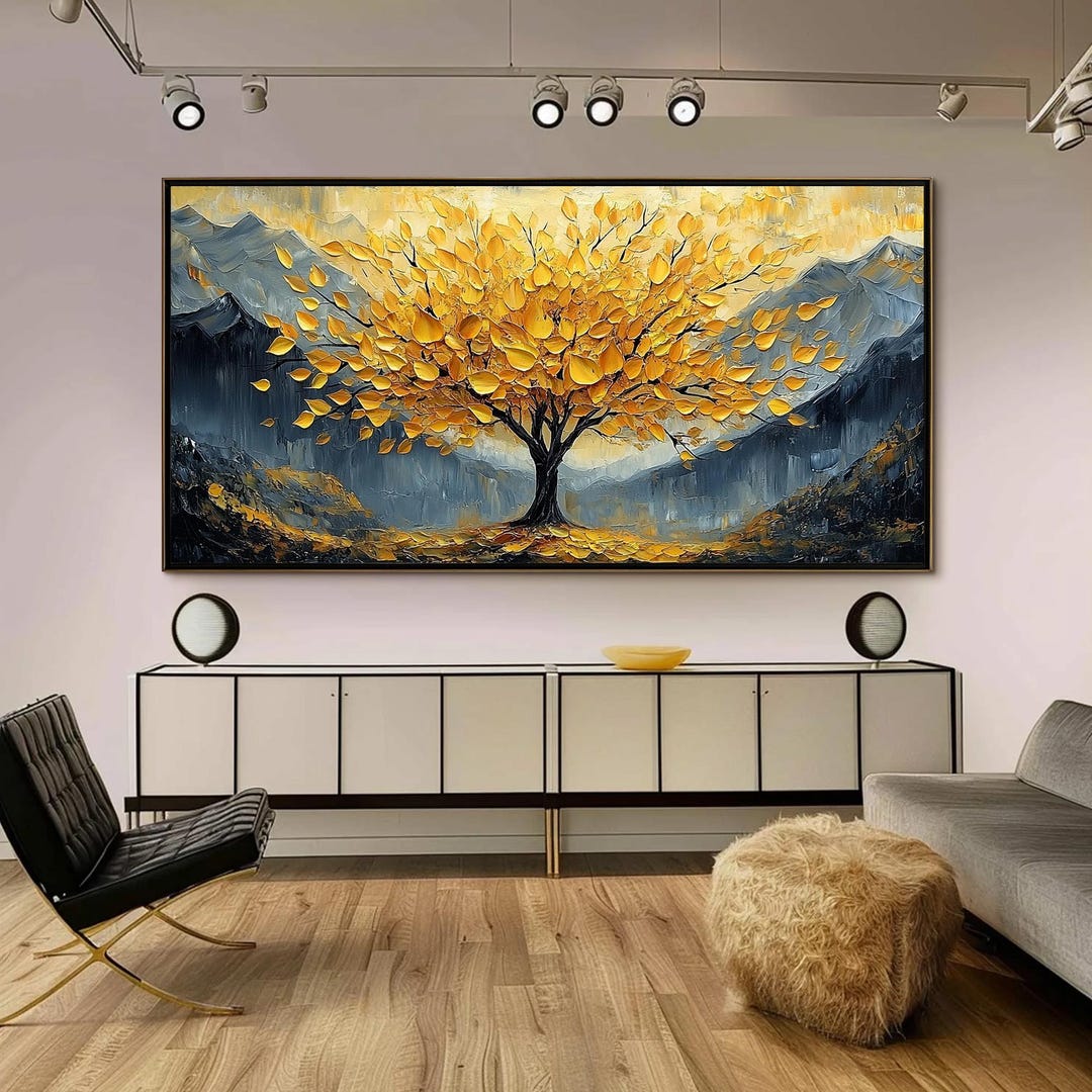 Golden Tree Oil Painting, Textured Landscape, Modern Wall Art - Etsy
